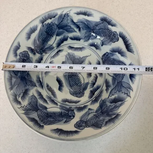 Chinese Antique Blue and White Light Blue Porcelain Bowl w/ Koi Goldfish Pattern - Picture 13 of 14